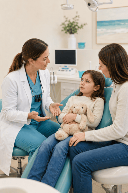 Dr. Mueller discussing dental sedation with an anxious child and parent before treatment