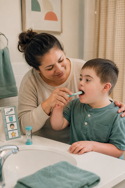 Parent helping a child brush their teeth at home as part of a daily oral care routine