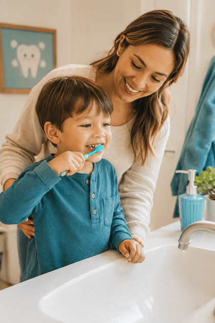 Parent helping a young child brush with fluoride toothpaste as part of a daily oral care routine
