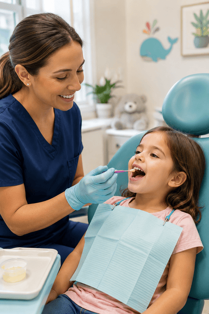 Pediatric dentist applying fluoride varnish to a child’s teeth in a kid-friendly dental office