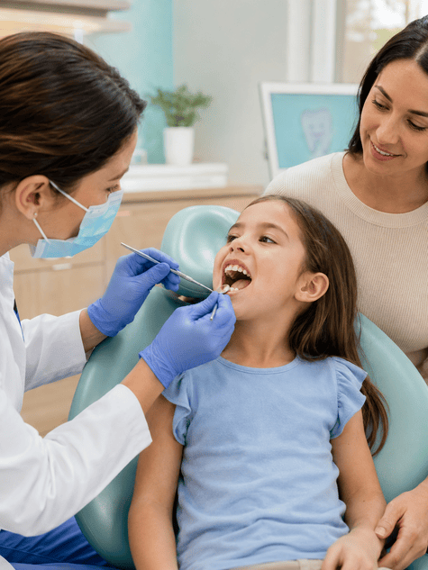 Pediatric dentist examining a child’s bite for changes caused by ongoing oral habits