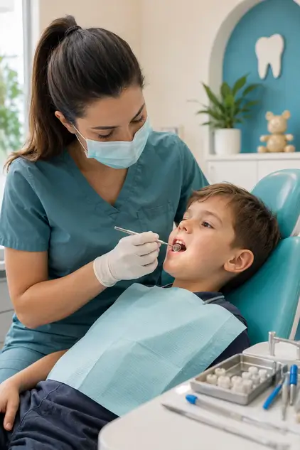 Pediatric dentist examining a child’s damaged tooth during a restorative dental visit