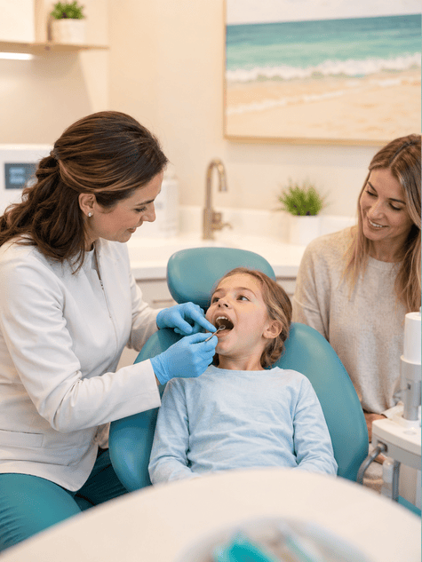 Pediatric dentist examining a child’s mouth during an airway evaluation while a parent looks on