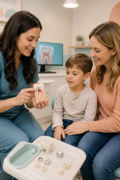 Pediatric dentist explaining a dental crown to a child and parent before restorative treatment