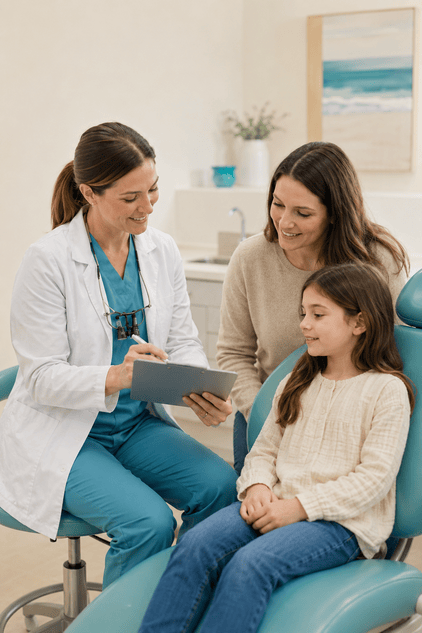 Pediatric dentist reviewing sedation preparation instructions with a child and parent