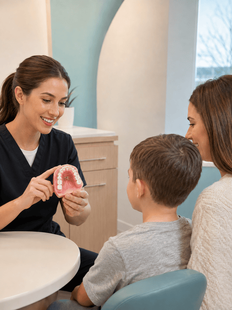 Pediatric dentist showing a child and parent a habit-breaking appliance on a dental model
