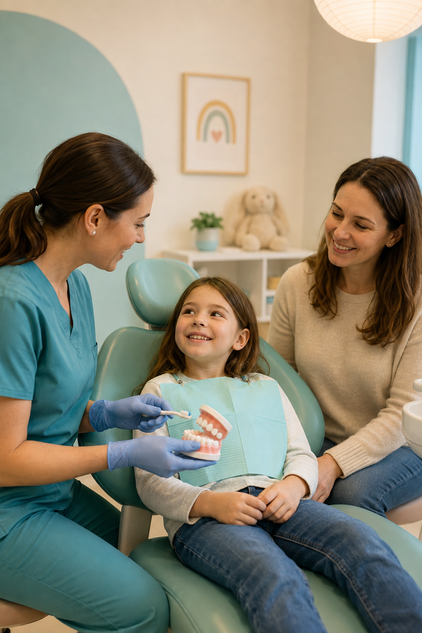 Pediatric dentist using visual guidance and caregiver support to make a dental visit more comfortable for a child